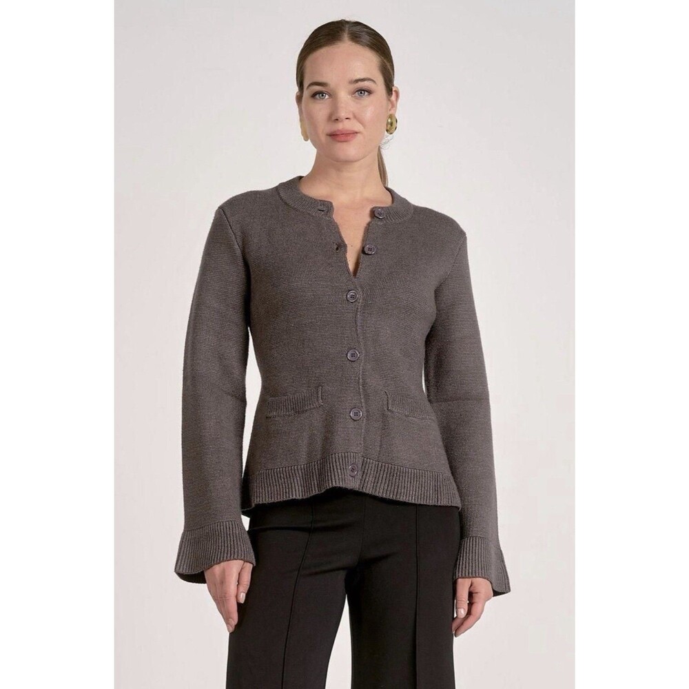 Elan Molly Grey Cardigan Flare Sleeve Button Crew Neck Long Sleeve Women's M